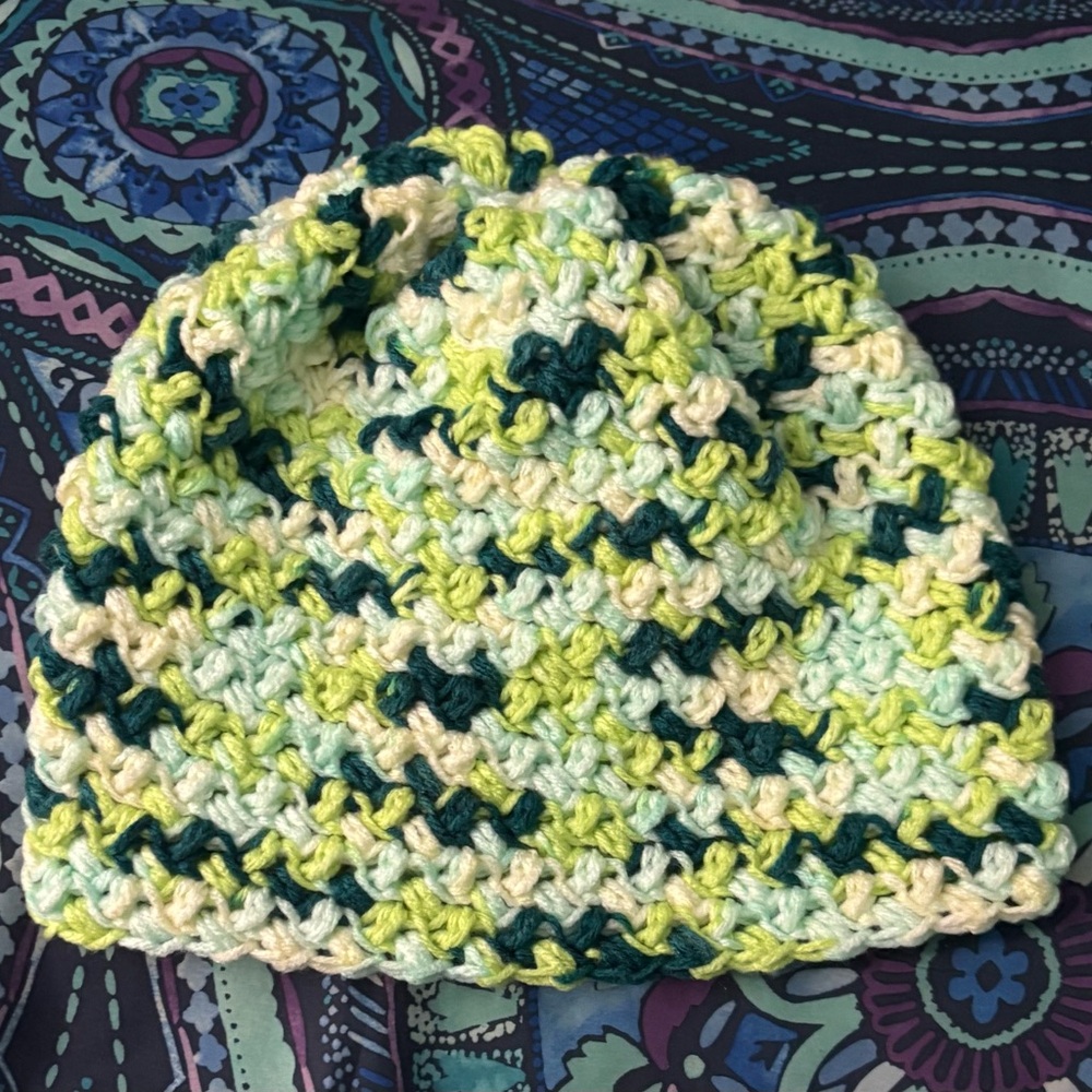 Handmade Green and Cream Crochet Beanie